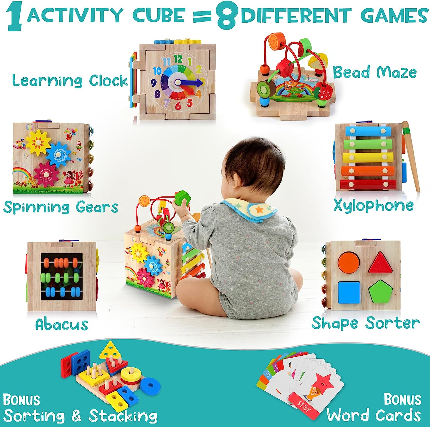 Montessori Activity Cube | 8-in-1 Educational Toy with Maze & Xylophone | Motor Skills Development for Babies 2