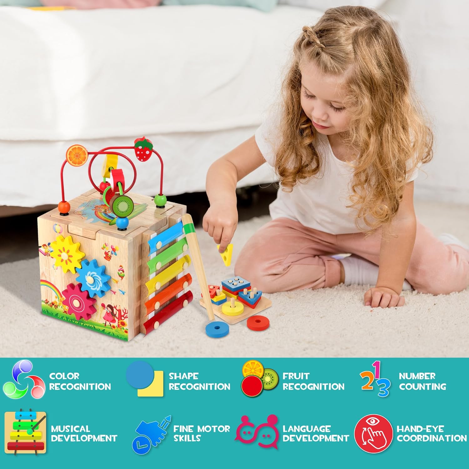 Montessori Activity Cube | 8-in-1 Educational Toy with Maze & Xylophone | Motor Skills Development for Babies 7